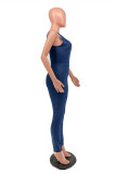 Blue Fashion Casual Solid Zipper V Neck Regular Jumpsuits