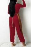 Red Sexy Solid Hollowed Out Patchwork Slit O Neck Straight Jumpsuits(Without Belt)
