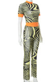 Yellow Sexy Print Patchwork See-through O Neck Short Sleeve Two Pieces