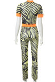 Yellow Sexy Print Patchwork See-through O Neck Short Sleeve Two Pieces