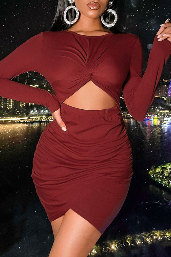 Burgundy Sexy Casual Solid Hollowed Out O Neck Long Sleeve Dresses