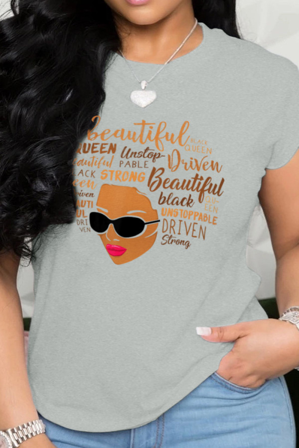 Grey Fashion Casual Patchwork Letter O Neck T-Shirts