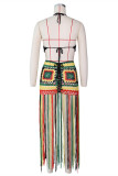 Pink Fashion Sexy Patchwork Tassel Hollowed Out Backless Swimwears Beach Dress