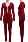 Burgundy Casual Solid Split Joint Hooded Collar Skinny Jumpsuits