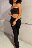 Black Sexy Solid Hollowed Out Patchwork Frenulum Asymmetrical U Neck Long Sleeve Two Pieces