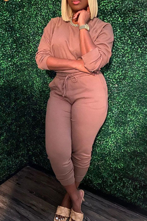 Light Coffee Fashion Casual Solid Patchwork O Neck Long Sleeve Two Pieces