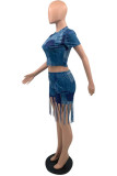 Black Fashion Casual Print Tassel O Neck Short Sleeve Two Pieces