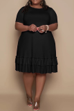 Pink Casual Solid Flounce O Neck Cake Skirt Plus Size Dresses