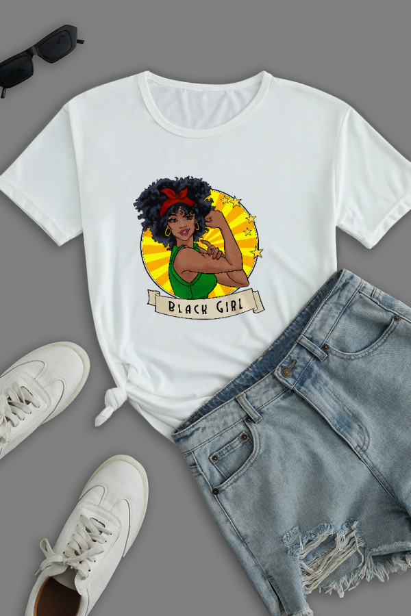 White Work Street Print Patchwork O Neck T-Shirts