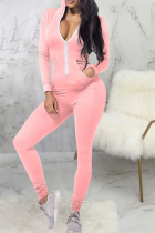 Pink Casual Solid Split Joint Hooded Collar Skinny Jumpsuits