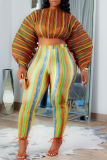 Yellow Sexy Striped Patchwork Half A Turtleneck Long Sleeve Two Pieces