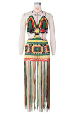Pink Fashion Sexy Patchwork Tassel Hollowed Out Backless Swimwears Beach Dress