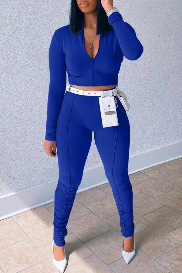 Blue Fashion Casual Solid Without Belt Zipper Collar Long Sleeve Two Pieces
