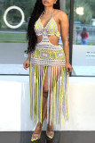 Pink Fashion Sexy Patchwork Tassel Hollowed Out Backless Swimwears Beach Dress