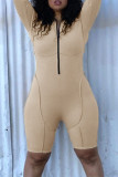 Khaki Casual Solid Patchwork Zipper Collar Skinny Rompers