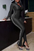 Black Fashion Casual Print Split Joint Zipper Collar Skinny Jumpsuits