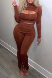 White Sexy Solid Hollowed Out Patchwork Half A Turtleneck Long Sleeve Two Pieces