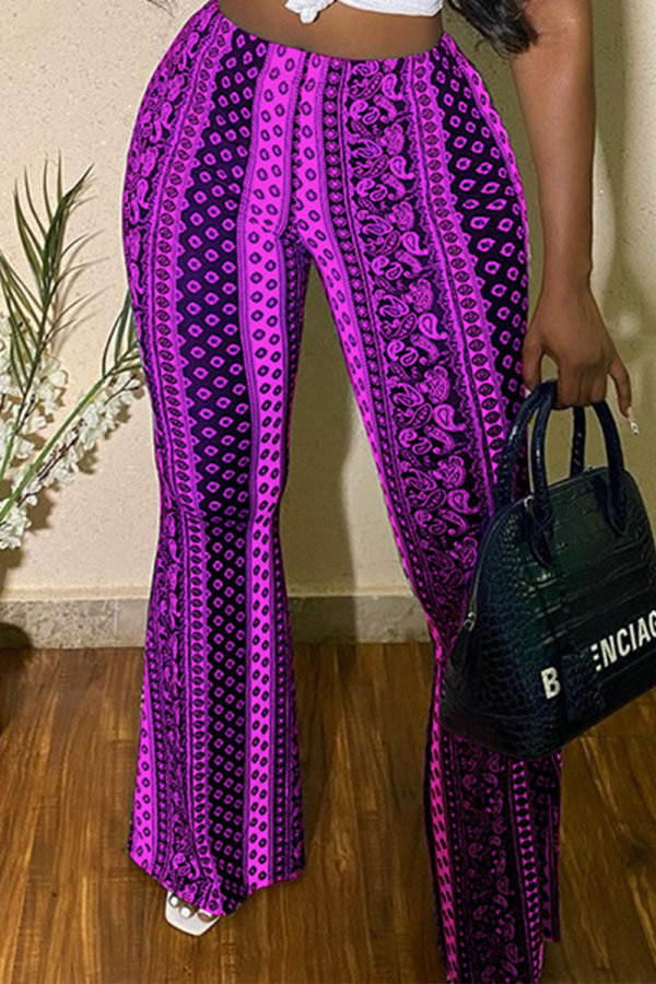 Purple Casual Print Patchwork Boot Cut Mid Waist Speaker Full Print Bottoms
