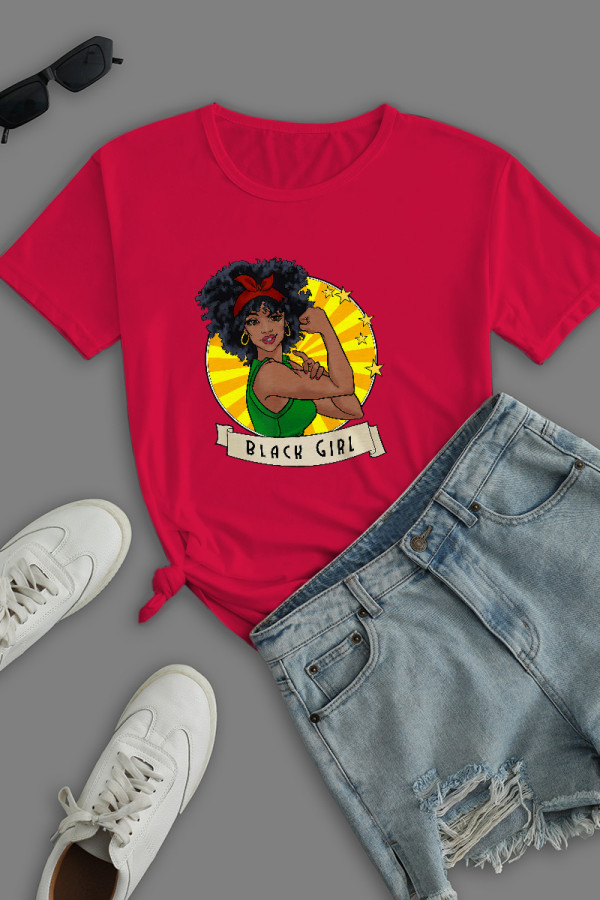 Red Work Street Print Patchwork O Neck T-Shirts