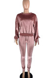 Pink Casual Solid Patchwork Frenulum With Bow O Neck Long Sleeve Two Pieces