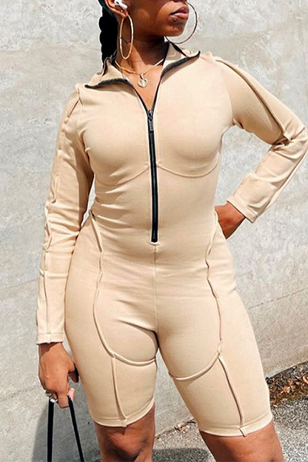 Khaki Casual Solid Patchwork Zipper Collar Skinny Rompers
