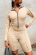 Khaki Casual Solid Patchwork Zipper Collar Skinny Rompers