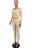 Apricot Fashion Casual Solid Basic Zipper Collar Long Sleeve Two Pieces