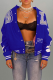 Blue Sportswear Print Patchwork Mandarin Collar Outerwear
