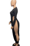 Red Sexy Solid Hollowed Out Patchwork Slit O Neck Straight Jumpsuits(Without Belt)