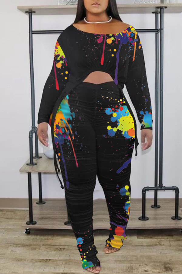Black Casual Print Patchwork Fold Asymmetrical O Neck Long Sleeve Two Pieces