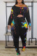 Black Casual Print Patchwork Fold Asymmetrical O Neck Long Sleeve Two Pieces