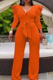 Rose Red Casual Solid Patchwork With Belt V Neck Straight Jumpsuits(Contain The Belt)