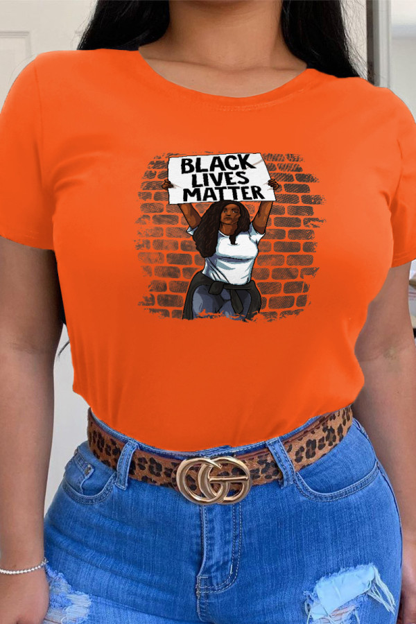 Orange Casual Daily Character Patchwork O Neck T-Shirts