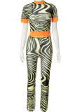 Yellow Sexy Print Patchwork See-through O Neck Short Sleeve Two Pieces