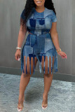 Black Fashion Casual Print Tassel O Neck Short Sleeve Two Pieces