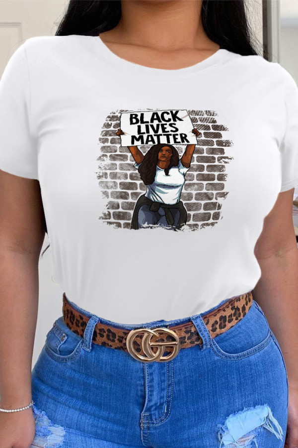 White Casual Daily Character Patchwork O Neck T-Shirts