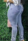 Baby Blue Fashion Casual Solid Bandage Mid Waist Skinny Jeans