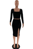 Black Fashion Sexy Solid Split Joint Slit Square Collar Long Sleeve Two Pieces