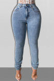 Baby Blue Fashion Casual Solid Bandage Mid Waist Skinny Jeans