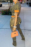 Yellow Sexy Print Patchwork See-through O Neck Short Sleeve Two Pieces