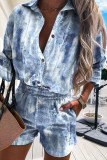 Multicolor Casual Print Make Old Buckle Turndown Collar Half Sleeve Two Pieces
