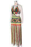 Pink Fashion Sexy Patchwork Tassel Hollowed Out Backless Swimwears Beach Dress