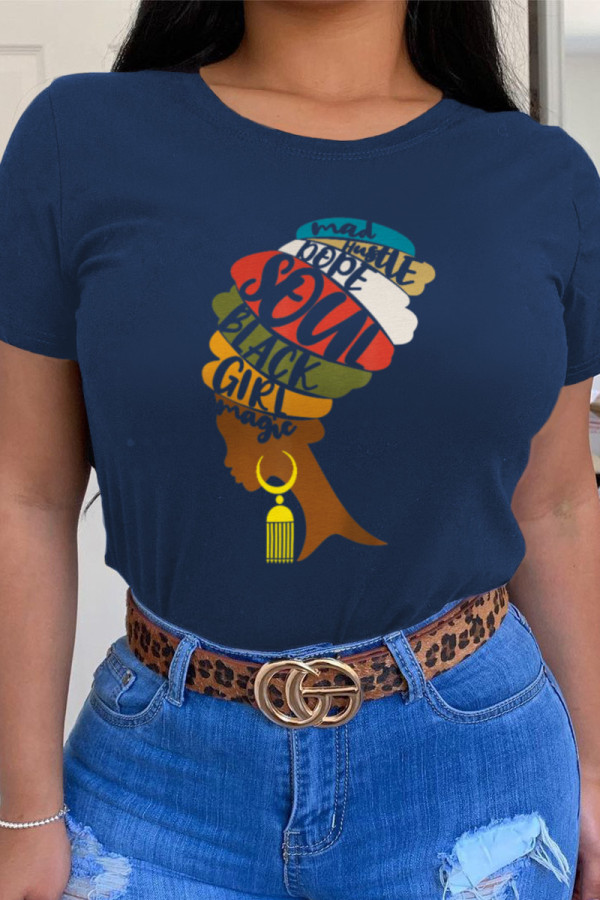 Navy Blue Fashion Casual Print Patchwork O Neck T-Shirts