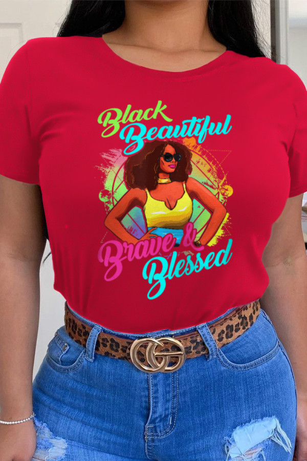 Red Casual Street Print Patchwork O Neck T-Shirts