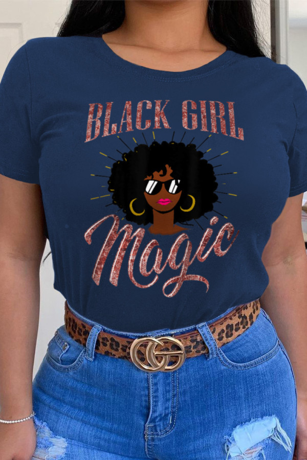 Navy Blue Fashion Casual Print Patchwork O Neck T-Shirts