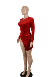 Red Sexy Solid Patchwork Zipper Zipper Collar One Step Skirt Dresses