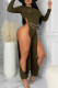 Army Green Sexy Solid Hollowed Out Patchwork Slit O Neck Straight Jumpsuits(Without Belt)