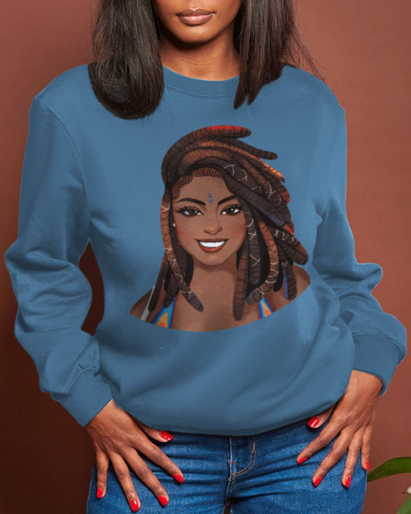 Blue Casual Street Character Patchwork O Neck Tops