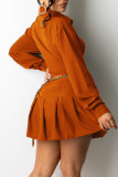 Rust Red Fashion Casual Solid Patchwork Turndown Collar Long Sleeve Two Pieces