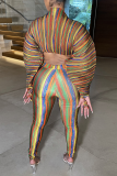 Yellow Sexy Striped Patchwork Half A Turtleneck Long Sleeve Two Pieces